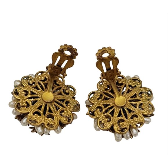 Robert Vintage Faux Pearl Rose Montees Rhinestones Bead Cluster Earrings, K403 - Picture 4 of 7